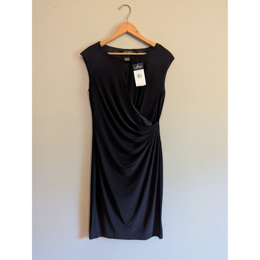 Lauren Ralph Lauren Elkana Black Matte Jersey Wrap Sheath Dress Size 8 NWT